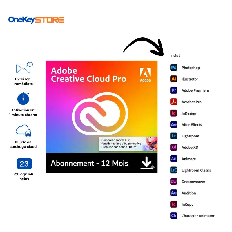 Adobe Creative Cloud Pro Abonnement 12 Mois + 100 go de stockage offert OneKey Store